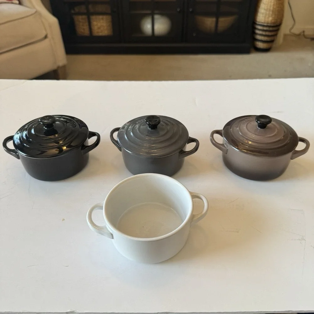 Le Creuset Mini Round Cocotte Set/3 Flint Grey, Fig, Black With Lids Plus Bonus